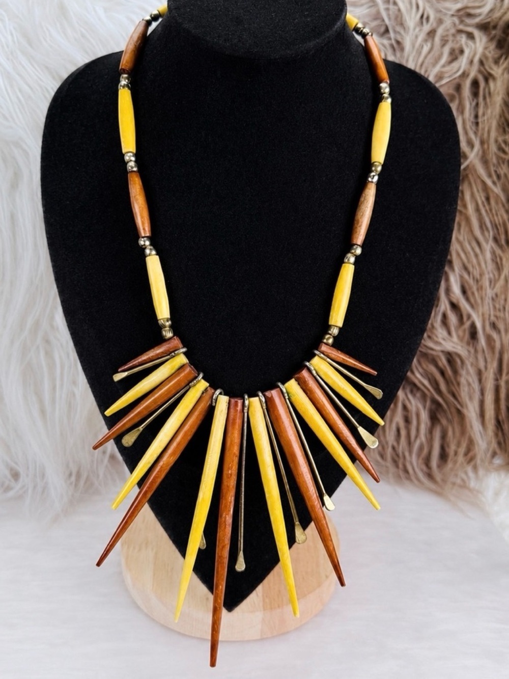 Vintage Artisan Dyed Wood Spike Statement Necklace Yellow Brown Bib